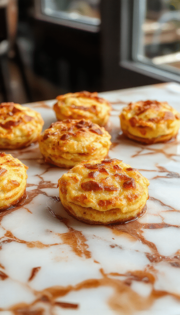 A close-up of golden-brown McGriddle bites arranged on a white plate with visible crispy edges, topped with syrup drizzle, with a soft-focus background showing a breakfast setting with fresh ingredients and a cup of coffee.