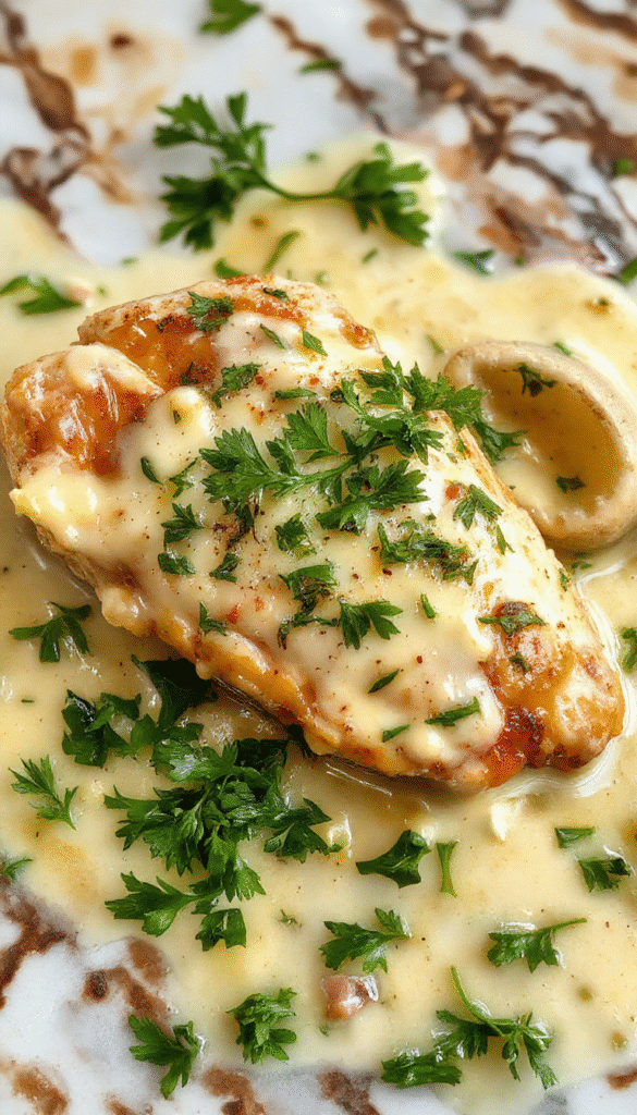 A close-up of plated Irish chicken in whiskey cream sauce with a rich, glossy sauce drizzled over tender chicken pieces, garnished with parsley and accompanied by roasted vegetables on a rustic white plate.