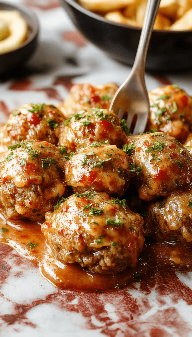 A close-up view of golden-brown italian meatballs coated in rich marinara sauce, garnished with fresh basil, served on a white plate with a rustic wooden background