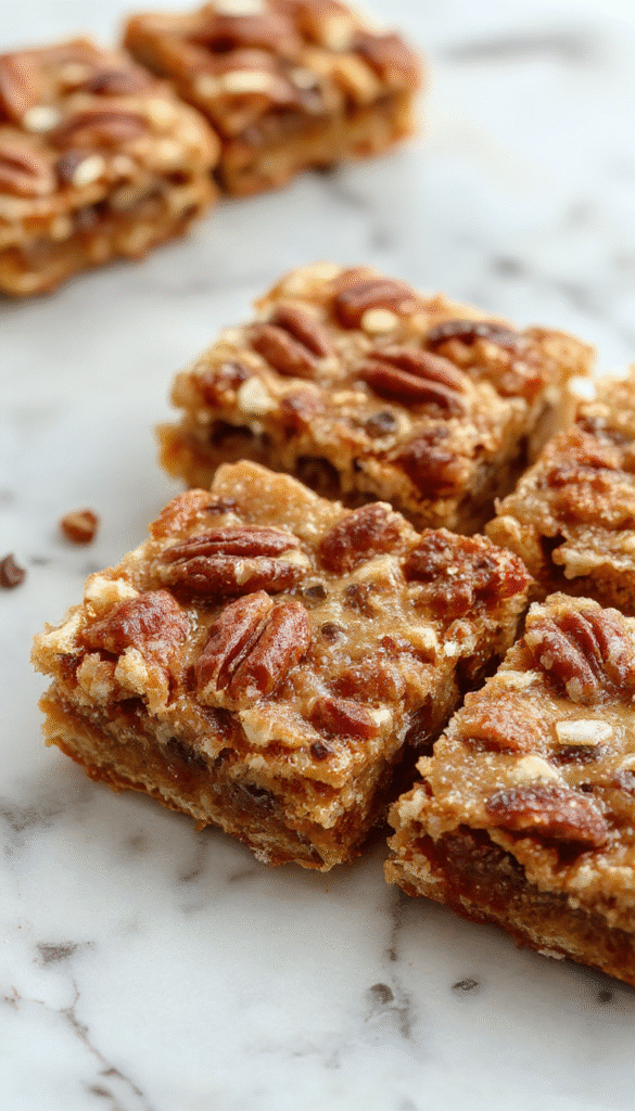 Colorful pecan pie bars arranged on a rustic wooden platter with a golden, flaky crust topped with caramelized pecans and drizzles of chocolate, styled with fresh pecans and a dusting of powdered sugar for an inviting presentation