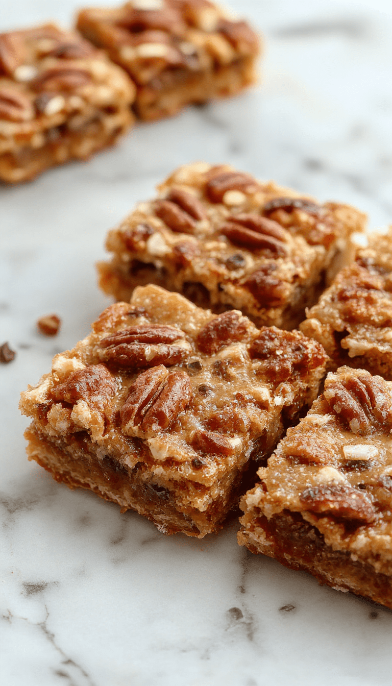Colorful pecan pie bars arranged on a rustic wooden platter with a golden, flaky crust topped with caramelized pecans and drizzles of chocolate, styled with fresh pecans and a dusting of powdered sugar for an inviting presentation
