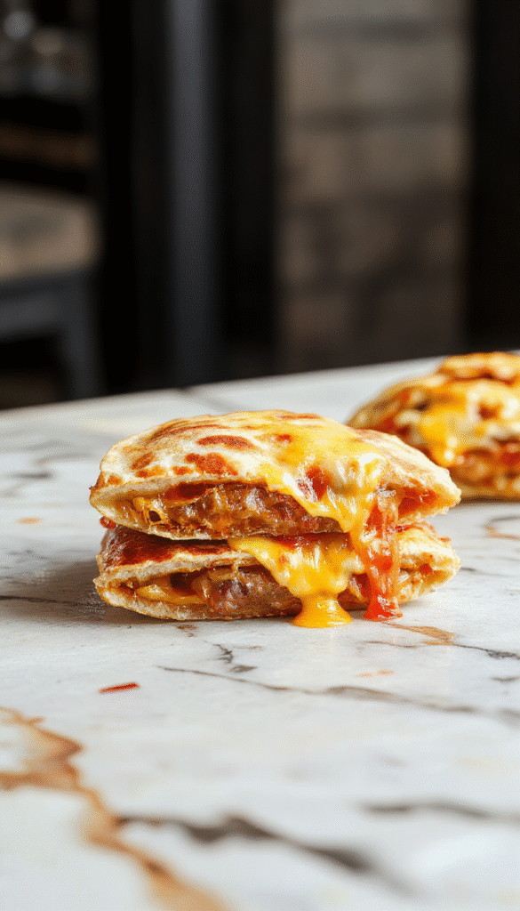 Colorful mini quesadillas arranged on a rustic wooden platter, golden-brown and crispy with melted cheese oozing out, garnished with fresh cilantro and sliced jalapenos, styled with a vibrant background and a side of salsa.