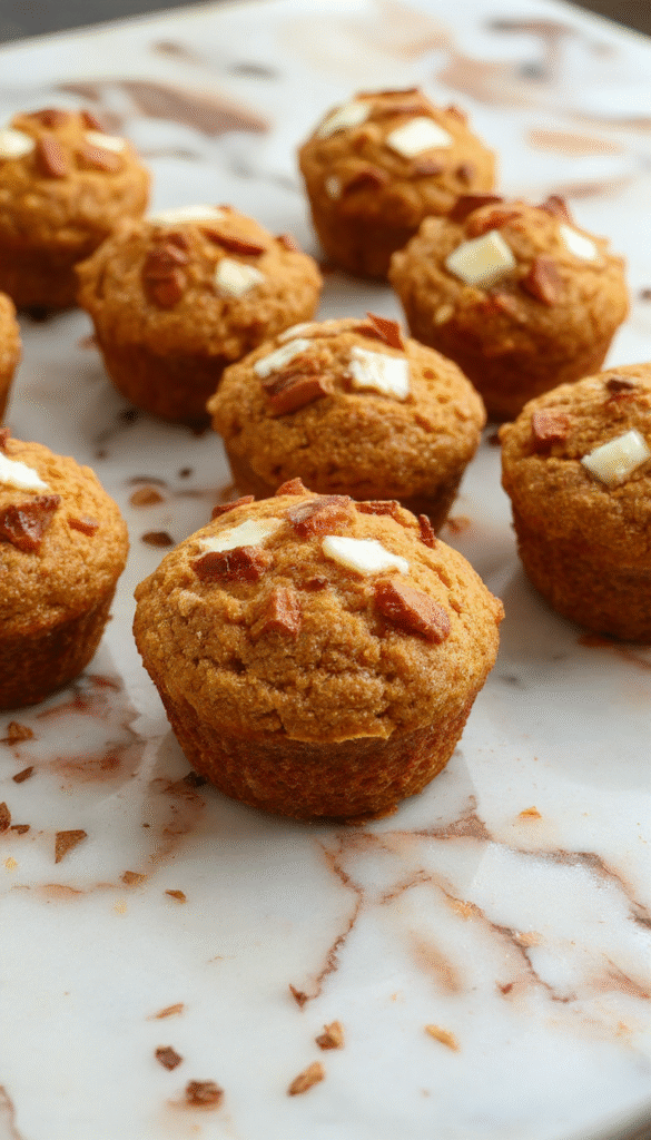 Colorful stack of golden pumpkin cottage cheese muffins on a rustic wooden plate, garnished with a sprinkle of cinnamon and fresh pumpkin seeds, styled with autumn leaves in the background, showcasing their fluffy texture and rich orange hue.