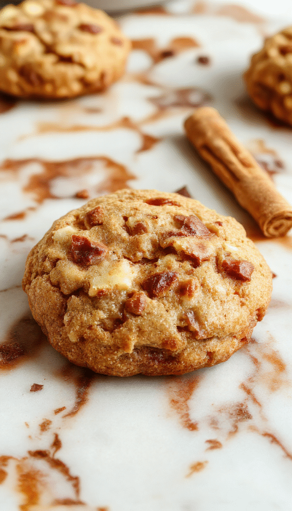A close-up of warm, freshly baked apple cinnamon snickerdoodle cookies with a sugary cinnamon coating, arranged on a rustic wooden platter with a cinnamon stick and apple slices in the background, showcasing their golden-brown texture and inviting aroma.