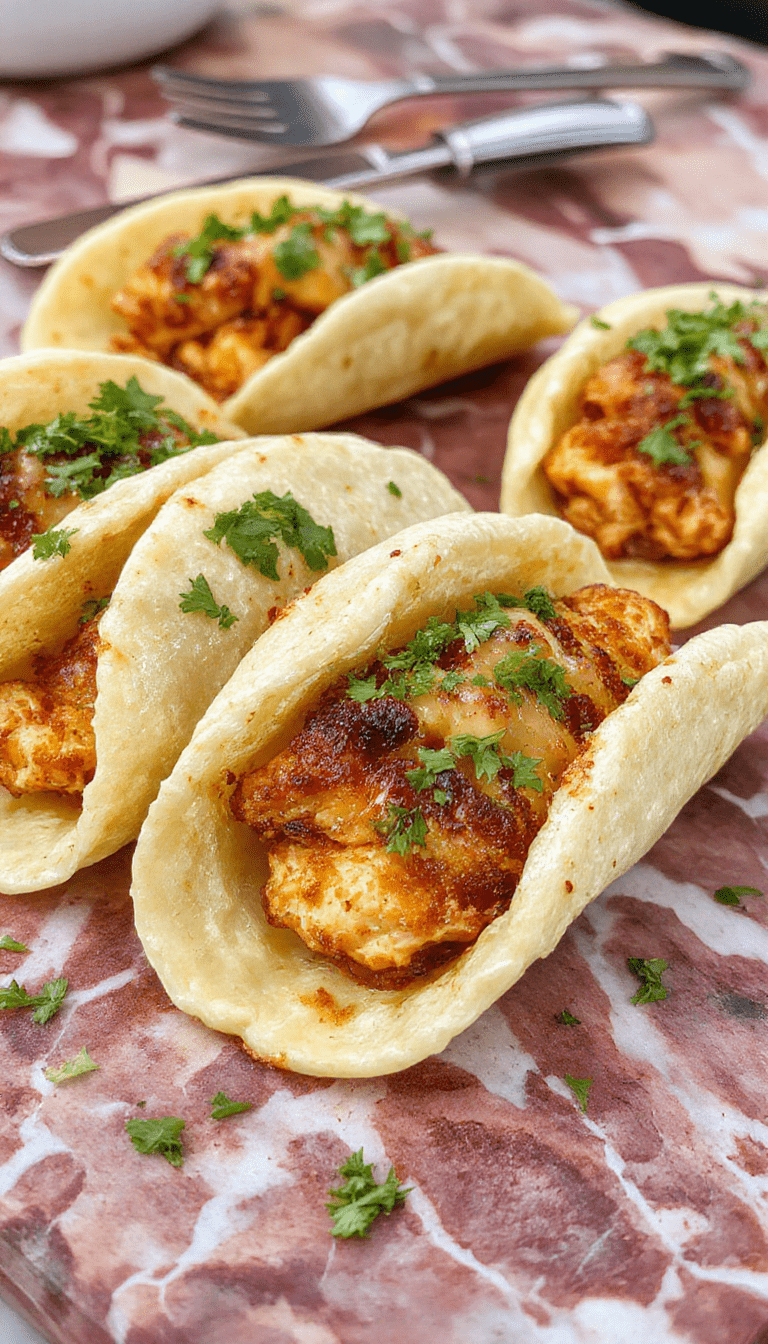 A close-up shot of mini baked chicken tacos on a rustic wooden platter, topped with fresh lettuce, diced tomatoes, shredded cheese, and a drizzle of sour cream. The golden-brown shells are crisp, with melted cheese oozing out, garnished with cilantro. Vibrant colors and inviting textures highlight a delicious, homemade presentation.