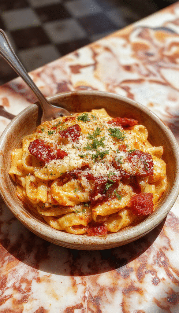 A vibrant plate of tortellini pasta coated in a creamy sauce, garnished with fresh basil and grated cheese, elegantly plated on a white dish with colorful vegetables in the background.