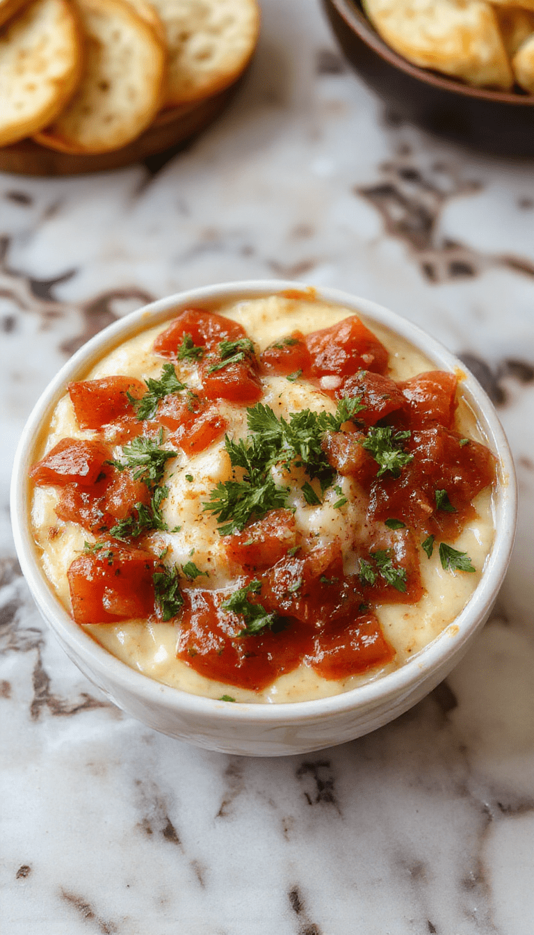 Colorful Bruschetta Dip displayed in a rustic white bowl with cherry tomatoes, fresh basil leaves, and minced garlic on top, set against a wooden table with toasted baguette slices arranged around it. The vibrant reds, greens, and golden toast create an inviting and fresh culinary presentation highlighting the Mediterranean flavors and textures.