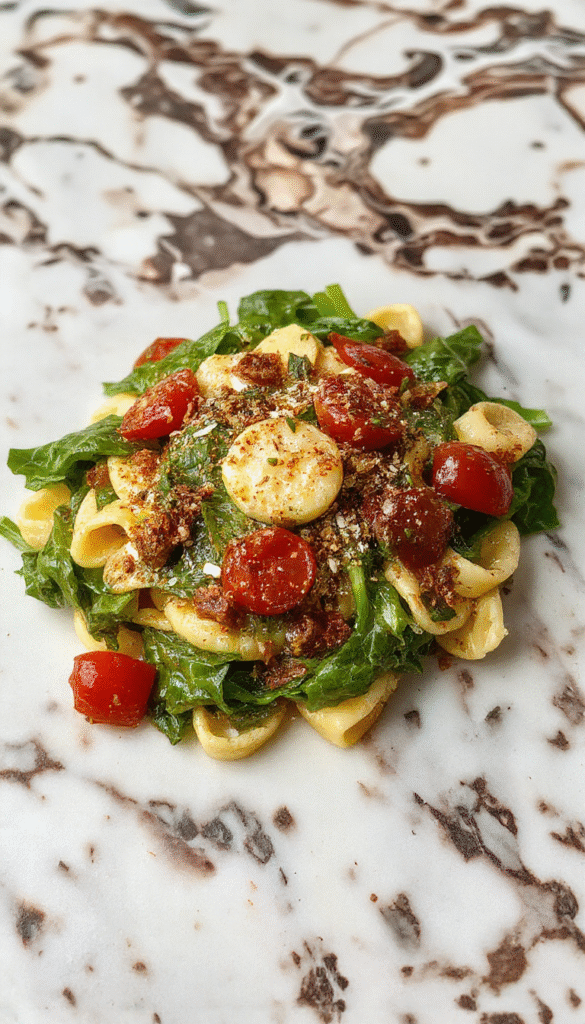 A vibrant plate of spinach and cherry tomato pasta featuring bright green spinach leaves, juicy red cherry tomatoes, and al dente spaghetti, garnished with grated cheese and fresh herbs on a white dish set on a rustic wooden table with a backdrop of basil leaves and olive oil.