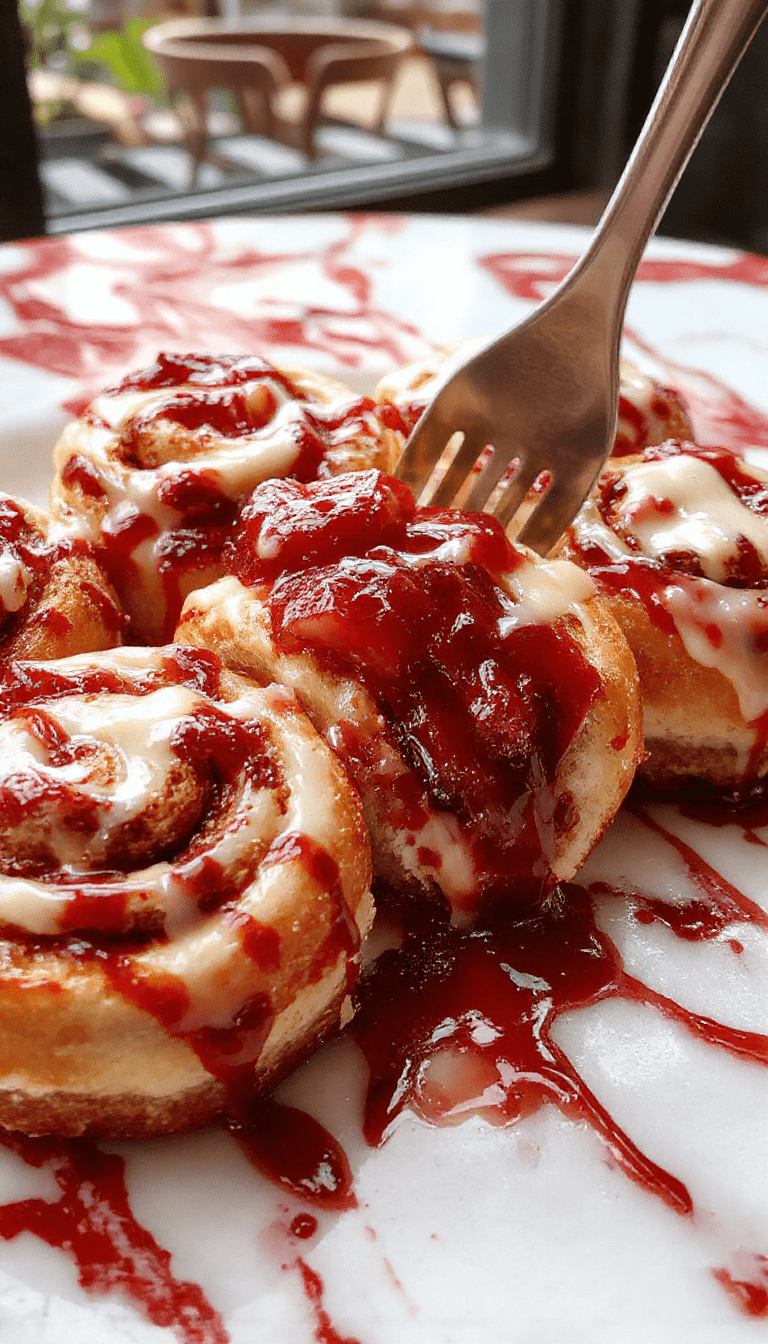 A vibrant plate of strawberry cheesecake cinnamon rolls topped with a swirl of strawberry glaze and cream cheese frosting, arranged on a rustic wooden serving board with fresh strawberries and mint leaves, showcasing glossy, tender rolls with a golden-brown exterior and luscious toppings.
