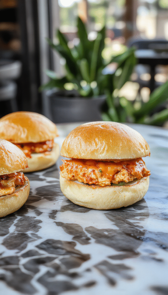 Colorful buffalo chicken sliders arranged neatly on a wooden serving tray with creamy dipping sauce, crispy buns, shredded chicken coated in vibrant buffalo sauce, garnished with fresh celery and green herbs, styled with rustic elements