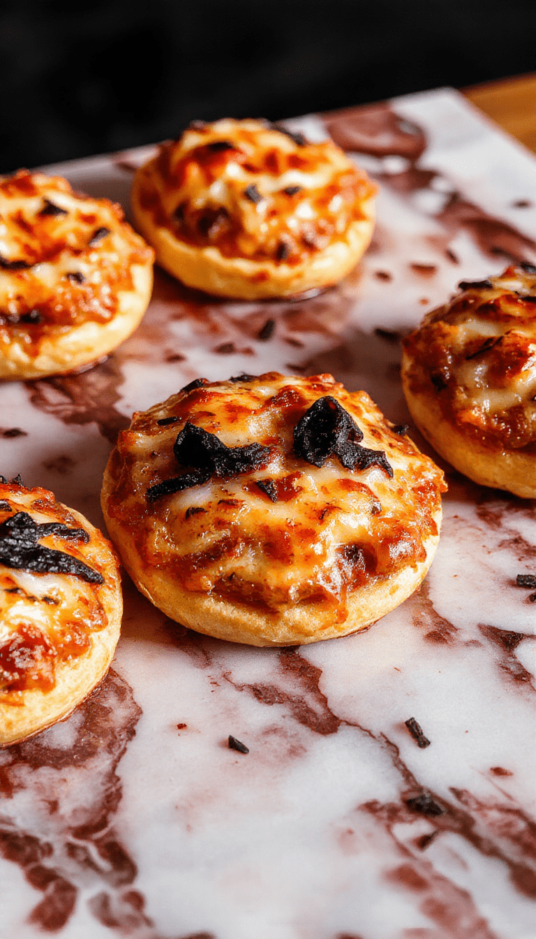 Colorful mini pizzas with spooky toppings arranged on a vibrant platter, featuring pepperoni, black olives, green peppers, and melted cheese, styled with fun Halloween-themed decorations and a dark, festive background.
