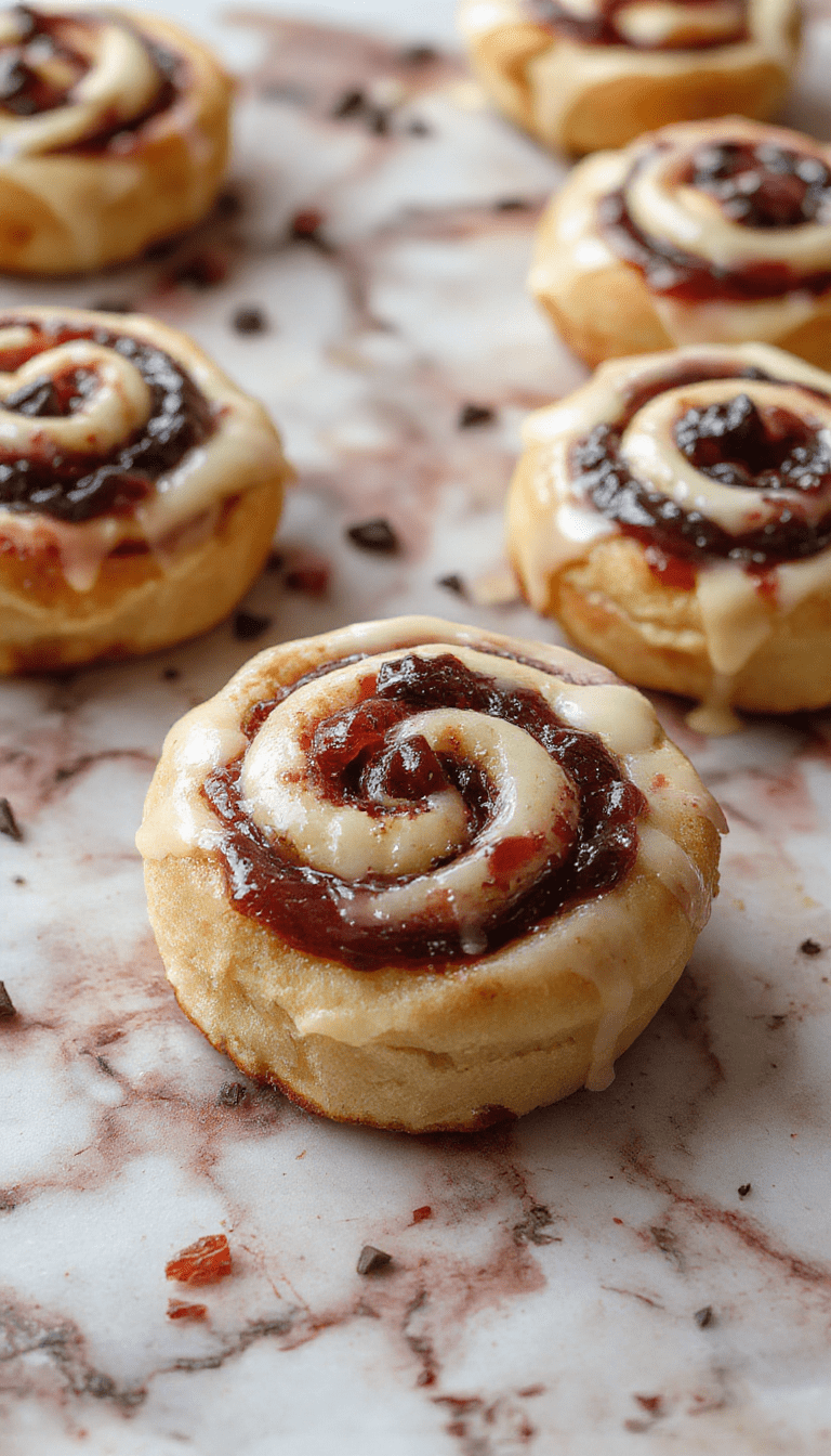 Golden-brown swirl buns topped with powdered sugar, showcasing the marbled interior of creamy cheese and vibrant red currant jam. The buns are neatly arranged on a rustic wooden tray, with a close-up highlighting their soft texture and glossy finish, garnished with a sprig of fresh herbs.