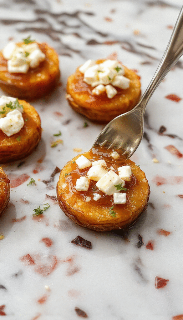 Colorful roasted sweet potato rounds topped with crumbled feta cheese and drizzled with honey, arranged neatly on a rustic white plate with fresh herbs, showing a crispy texture and vibrant orange hue against a light wooden background.