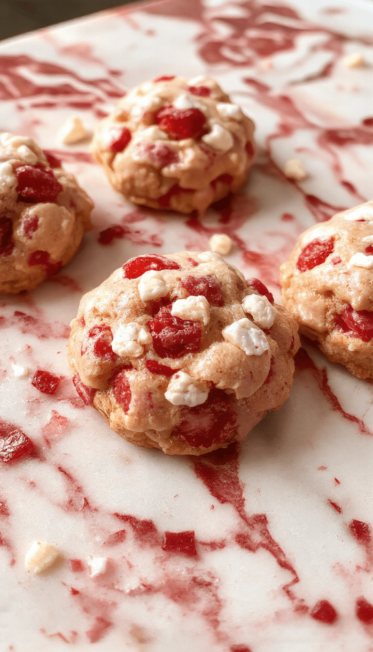 A close-up of golden-brown cookies topped with vibrant red strawberry pieces and crunchy crumble, arranged on a white plate with a sprig of mint for garnish, set against a soft pastel background