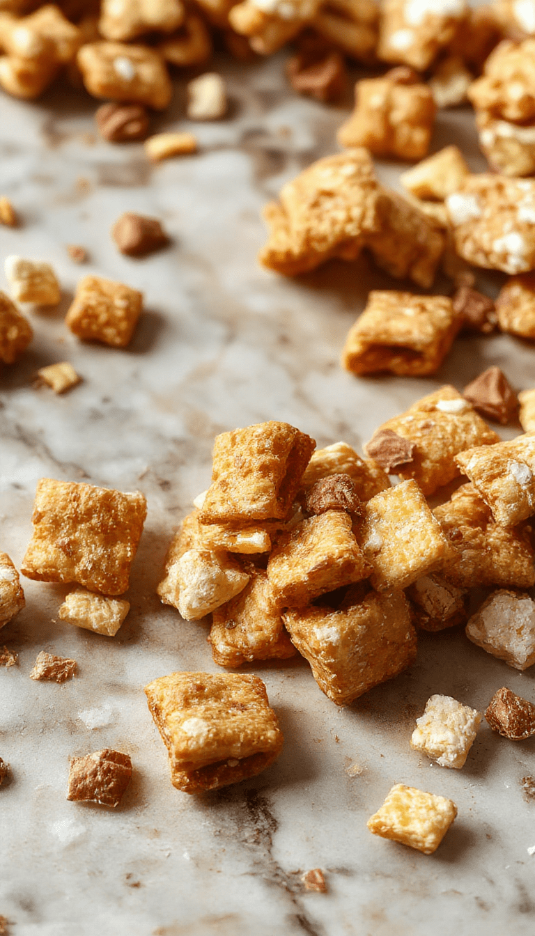 A vibrant bowl of crunchy Chex mix coated in glossy caramel and rich chocolate, sprinkled with chopped nuts and flaky sea salt, styled on a rustic wooden board with spoons and scattered ingredients for a tempting snack presentation.