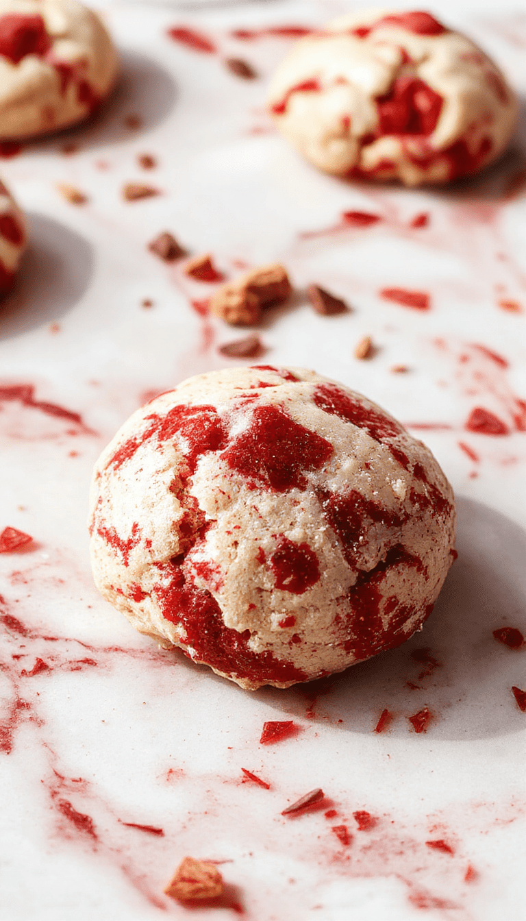 A vibrant red velvet cookie dough scooped into white bowls, topped with chocolate chips and a dusting of powdered sugar. The background features a rustic wooden table with scattered cookie crumbs and a silver spoon, highlighting the rich, velvety texture and inviting presentation.