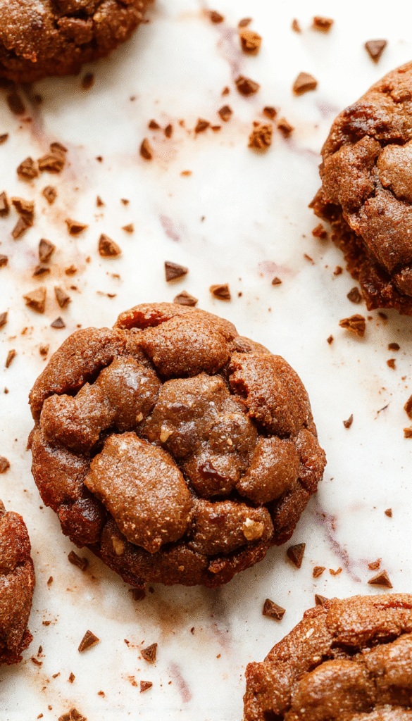 A close-up of a slice of fudgy chewy brookies on a rustic wooden plate, with cracked chocolate surface, gooey and dense texture, topped with a sprinkle of sea salt, with a caramel drizzle and fresh berries on the side, styled with a fork and a glass of milk in soft natural lighting