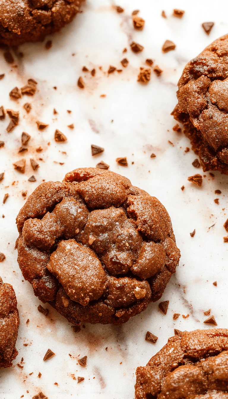A close-up of a slice of fudgy chewy brookies on a rustic wooden plate, with cracked chocolate surface, gooey and dense texture, topped with a sprinkle of sea salt, with a caramel drizzle and fresh berries on the side, styled with a fork and a glass of milk in soft natural lighting