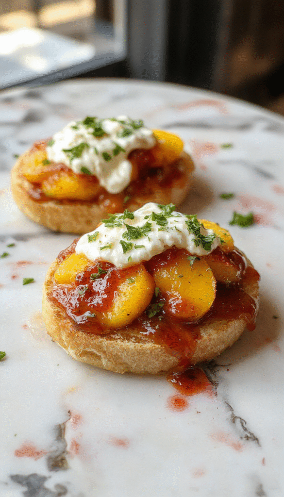 Vibrant peach slices on golden toasted baguette slices topped with creamy whipped ricotta, garnished with fresh basil leaves and drizzled honey, styled on a rustic wooden platter with a light background.