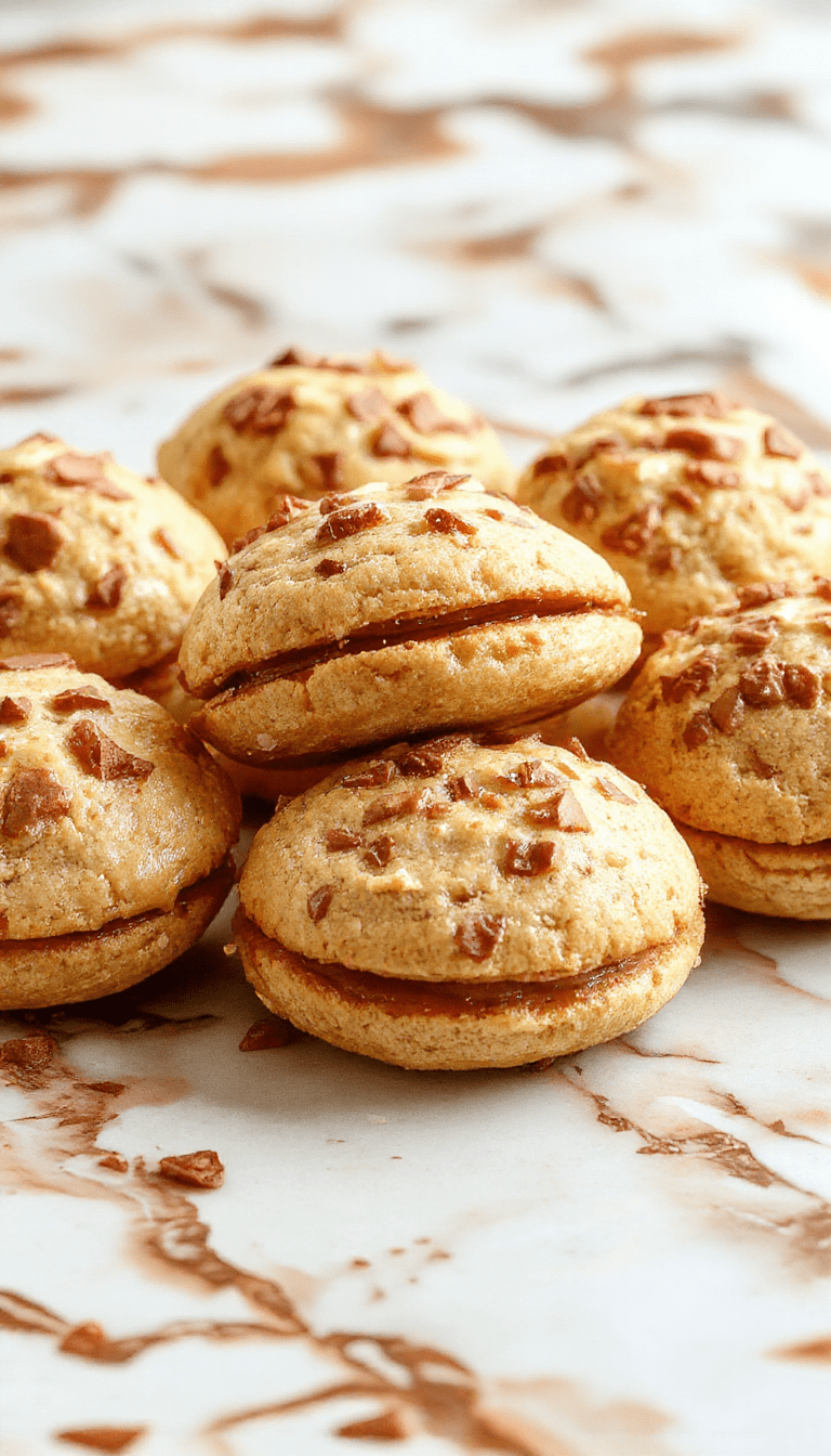 Close-up of golden-brown apple cider whoopie pies with a creamy filling, displayed on a rustic wooden surface with cinnamon sticks and apple slices for decoration.