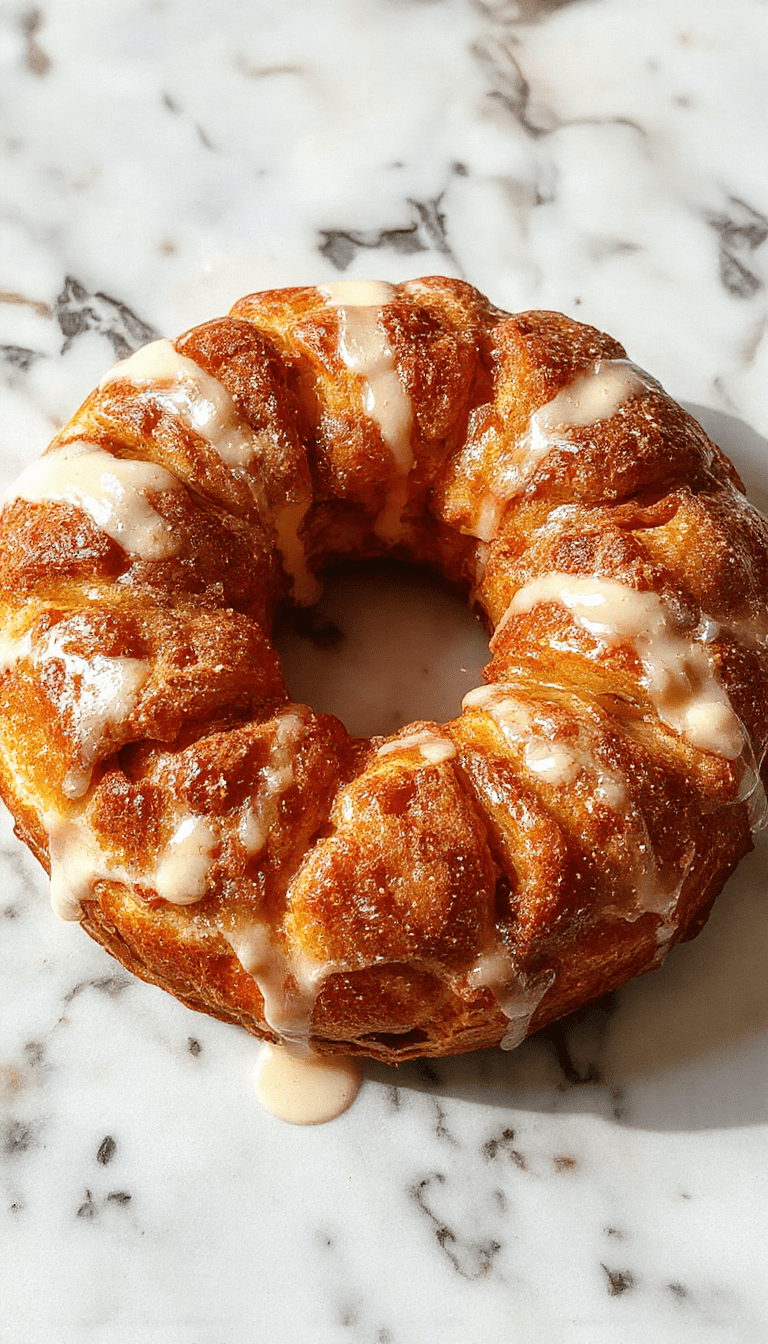 A golden brown apple kringle pastry topped with a glossy vanilla glaze, sliced open to reveal tender apple filling inside. The kringle is beautifully plated on a rustic wooden board, garnished with powdered sugar and fresh apple slices, with a blurred cozy kitchen background, highlighting the rich textures and inviting colors of this warm dessert.