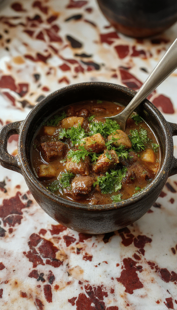 A steaming pot of Witch’s Cauldron Beef Stew with chunks of tender beef, vibrant carrots, potatoes, and herbs, presented in a rustic black cauldron-style bowl with a textured background and warm lighting highlighting the rich textures and colors.