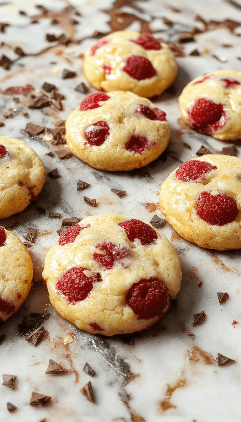 Colorful lemon raspberry cookies arranged on a white plate, showcasing vibrant red raspberries and zesty lemon glaze, with a rustic background and fresh berries nearby.
