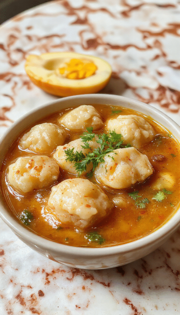 A steaming bowl of Asian Dumpling Soup featuring golden-brown potstickers floating in a clear, aromatic broth garnished with chopped scallions and sesame seeds, served on a rustic wooden table with chopsticks resting beside it.