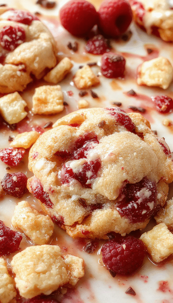 Colorful raspberry crumble cookies on a white plate with a golden buttery topping, fresh raspberries scattered around, textured crumbs, styled on a rustic wooden surface with a light background