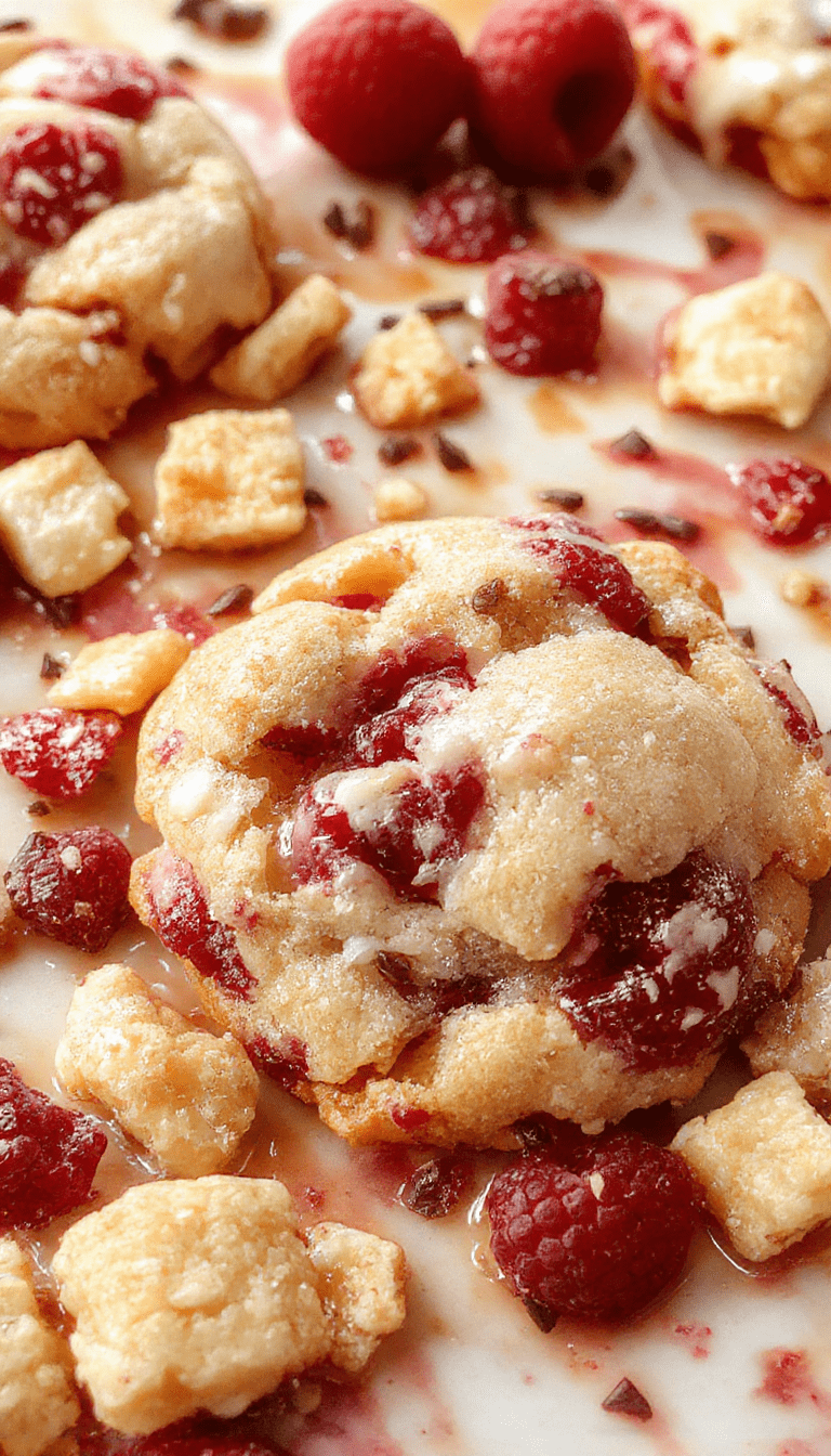 Colorful raspberry crumble cookies on a white plate with a golden buttery topping, fresh raspberries scattered around, textured crumbs, styled on a rustic wooden surface with a light background