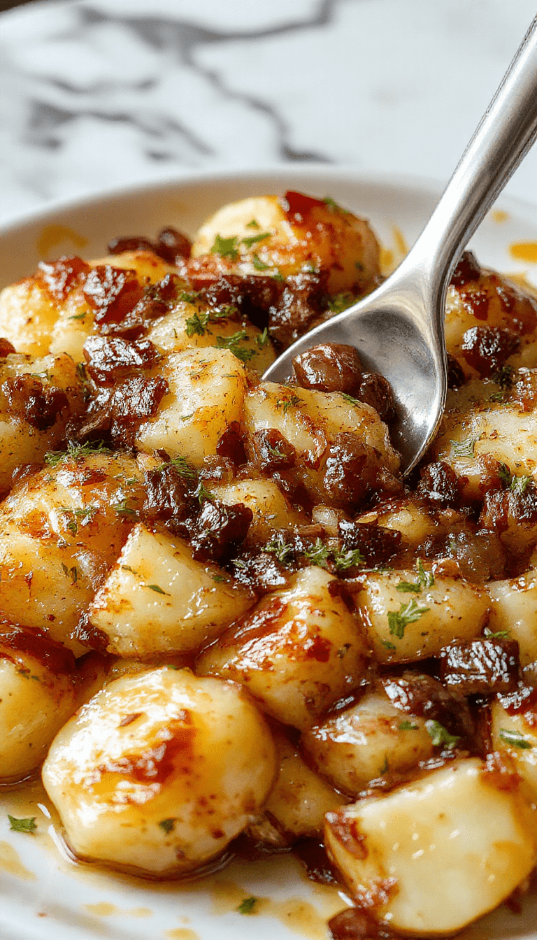 A vibrant, golden-brown cheesy French onion potato bake served in a rustic ceramic dish, topped with melted cheese and caramelized onion slices, garnished with fresh herbs. The dish is surrounded by fresh potatoes and chopped onions, with a side of green herbs, capturing a warm, inviting holiday vibe with a crispy, cheesy crust and soft, flavorful potatoes inside.