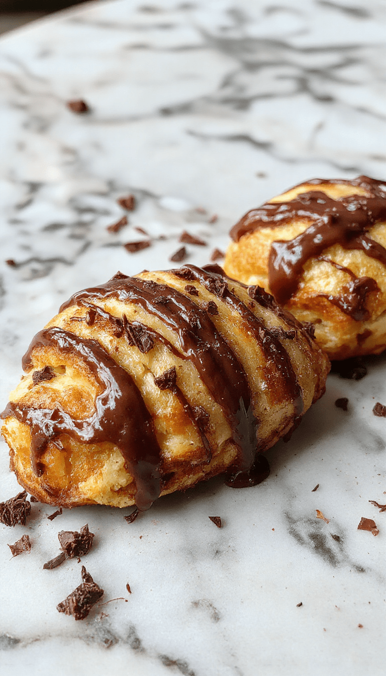 A golden-brown chocolate croissant breakfast bake sliced open to reveal gooey melted chocolate and flaky croissant layers, garnished with powdered sugar and fresh berries on a rustic white plate with a soft blurred background.
