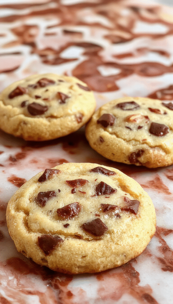 A close-up of freshly baked Neiman Marcus cookies on a rustic wooden plate, golden-brown with a slightly cracked surface, stacked neatly with some broken pieces revealing their gooey chocolate chips inside, styled with a vintage cloth and soft natural lighting