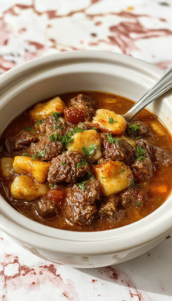 A steaming bowl of hearty beef stew with tender chunks of beef, carrots, potatoes, and celery in a rich gravy, garnished with fresh herbs, served on a rustic wooden table