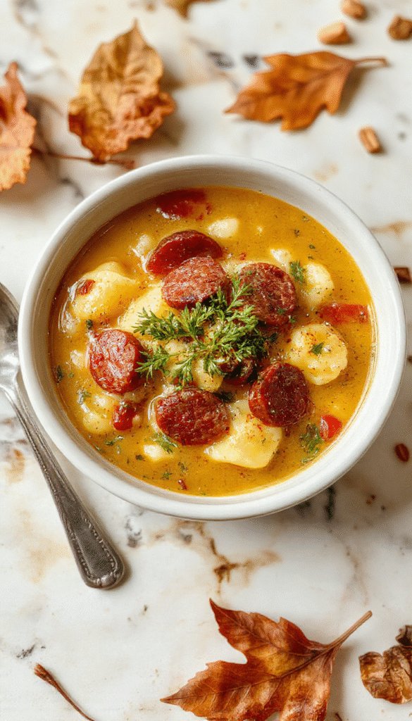 A bowl of autumn tortellini soup featuring plump tortellini pasta, sliced sausage, vibrant orange and green vegetables, garnished with fresh herbs on a rustic wooden table with warm tones and cozy ambiance