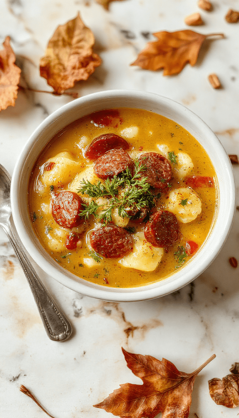 A bowl of autumn tortellini soup featuring plump tortellini pasta, sliced sausage, vibrant orange and green vegetables, garnished with fresh herbs on a rustic wooden table with warm tones and cozy ambiance