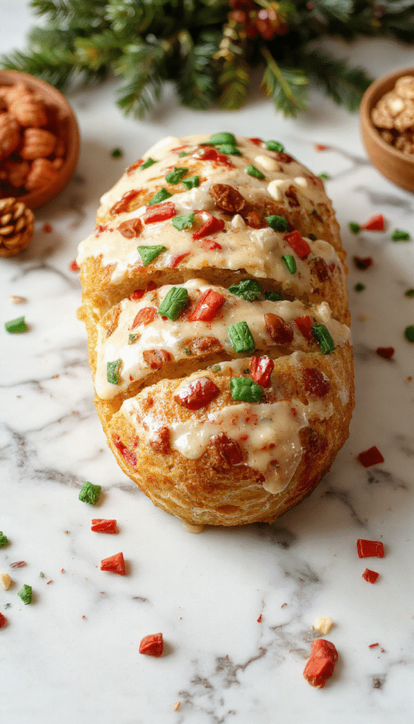 A golden-brown Christmas bread shaped into a festive wreath, topped with colorful sprinkles and powdered sugar dusting, garnished with holly leaves and berries, placed on a rustic wooden table with holiday decorations in the background.