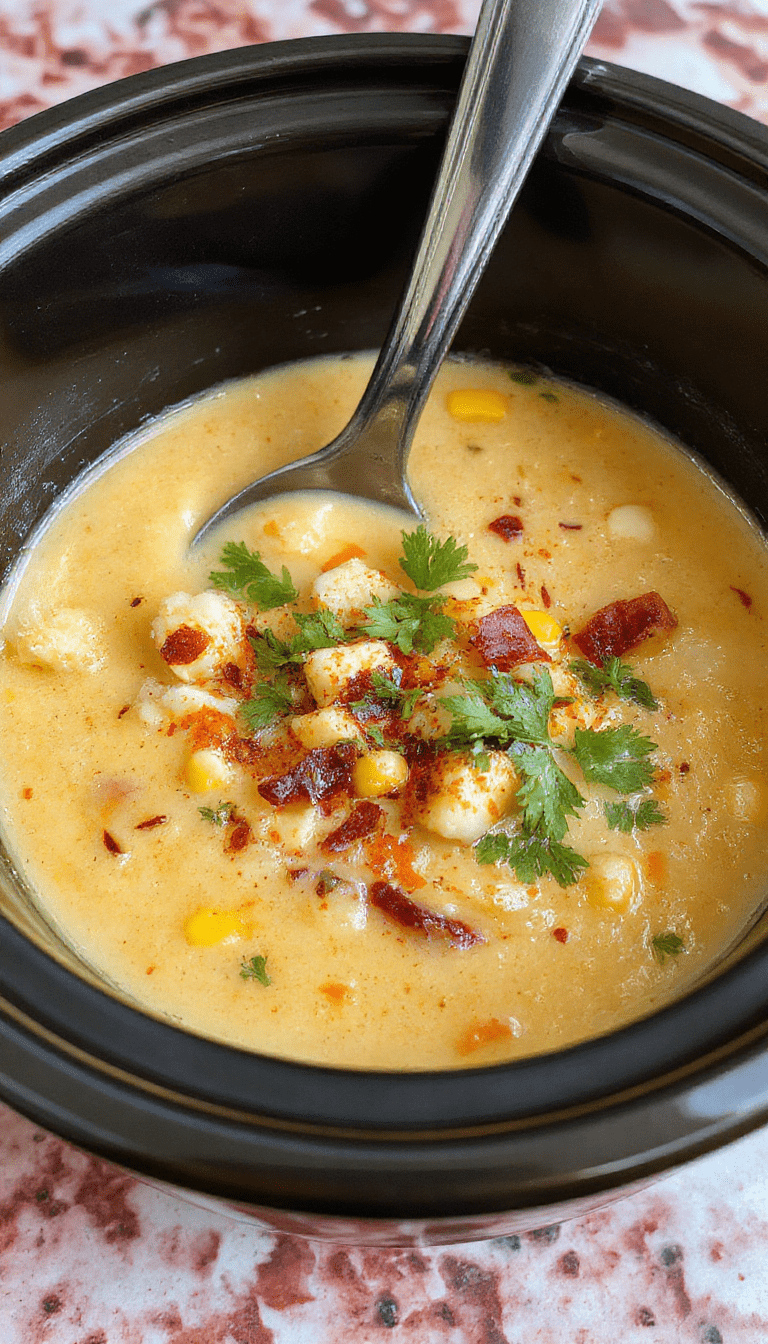 A vibrant bowl of Mexican street corn soup with bright yellow corn kernels, garnished with fresh cilantro and a squeeze of lime, served in a rustic white bowl on a wooden table, with a splash of red chili powder and creamy texture visible, styled with a colorful napkin.