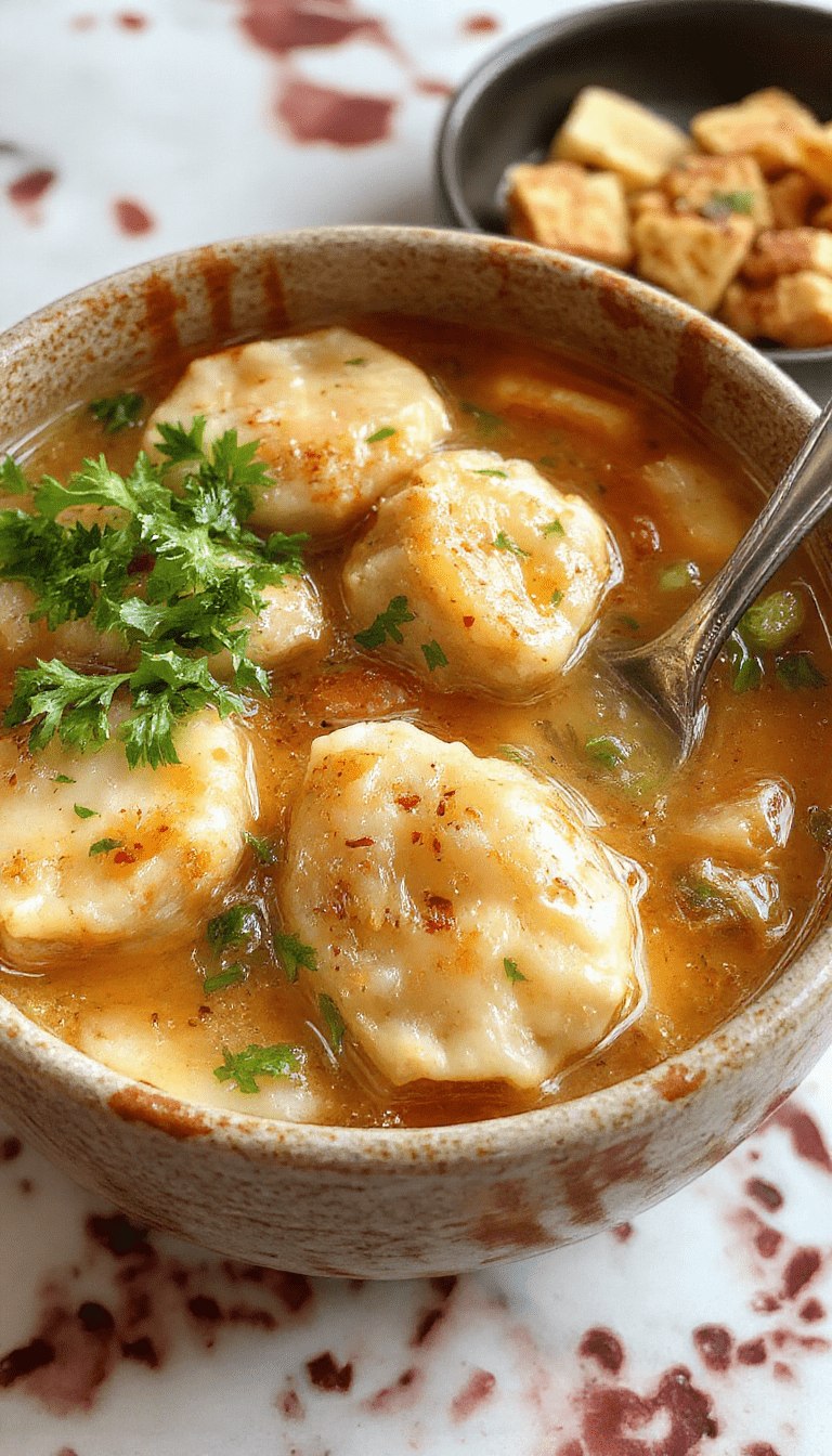 A steaming bowl of potsticker soup garnished with chopped scallions and sesame seeds, displaying golden pan-fried dumplings floating in a flavorful broth, vibrant green herbs contrasting with the rich, glossy surface of the soup, styled in a rustic white bowl on a wooden table.