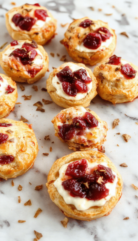Colorful arrangement of golden-brown crescent bites filled with creamy cheese and bright red cranberry topping, served on a rustic white plate with fall leaves around.