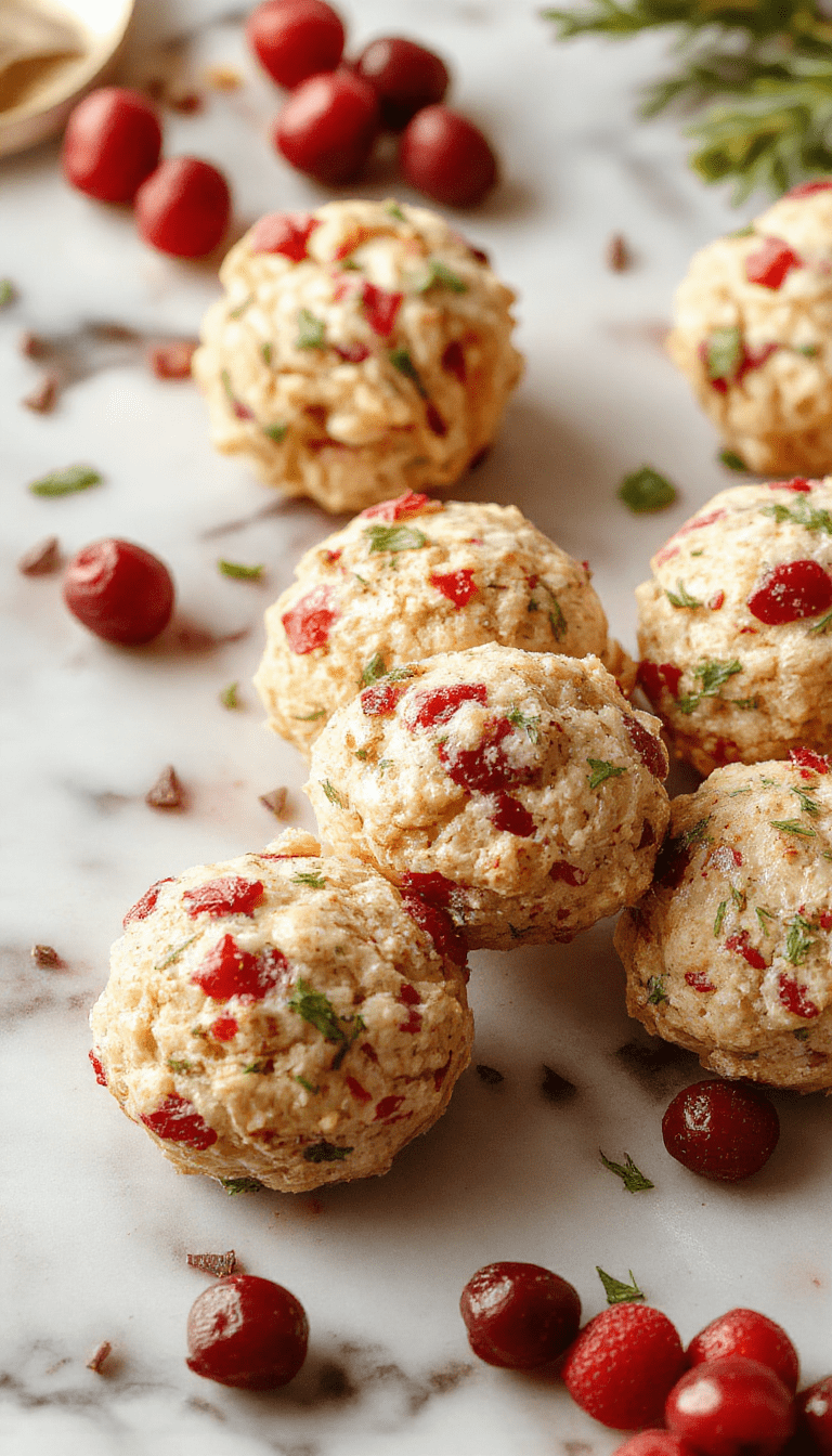 A close-up of golden-brown stuffing balls with hints of cranberries, served on a rustic white plate garnished with fresh herbs, with a vibrant cranberry sauce in the background, showcasing a appealing texture with crispy exterior and moist interior, styled with festive decorations.