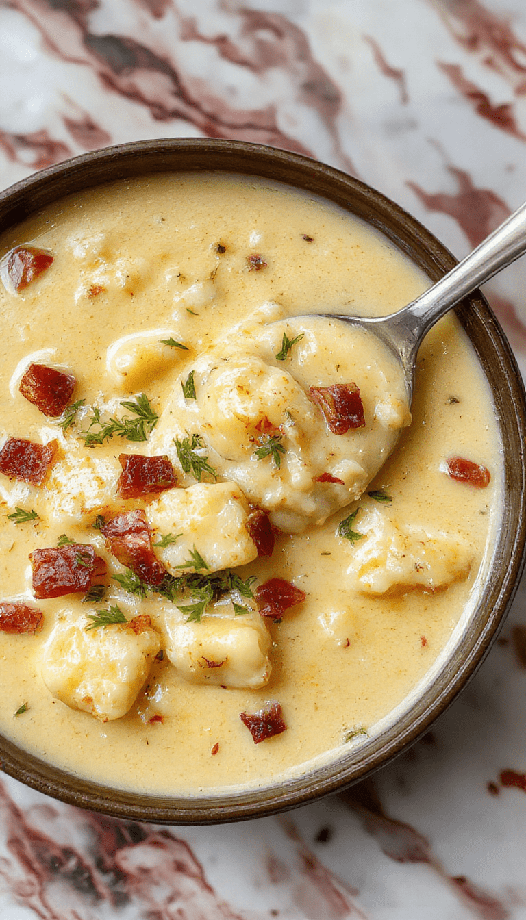 A warm bowl of creamy bacon cheddar gnocchi soup featuring soft gnocchi submerged in a rich, cheesy broth, garnished with crispy bacon bits and shredded cheddar cheese, all presented on a rustic wooden table with a spoon and fresh herbs.