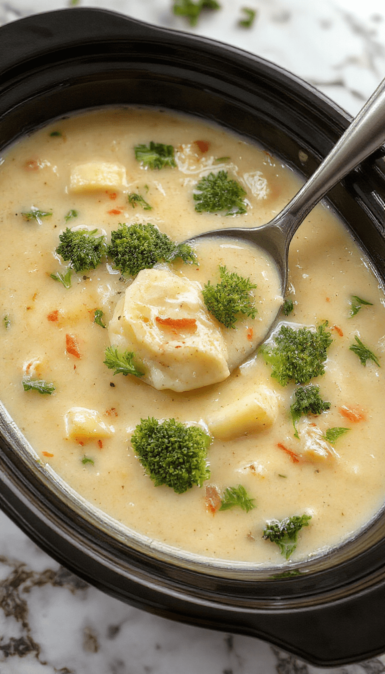 A warm bowl of creamy broccoli and potato soup garnished with shredded cheese and fresh herbs, served alongside rustic crusty bread on a wooden table, steam rising from the bowl, with vibrant green broccoli pieces contrasting with the creamy yellow base.
