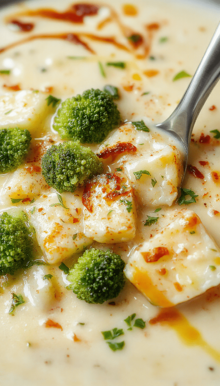 A warm bowl of creamy broccoli cheddar potato soup garnished with shredded cheddar cheese, fresh broccoli florets, and a sprig of thyme on a rustic wooden table, with a spoon resting beside it, showcasing a rich, velvety texture and vibrant green and golden colors.
