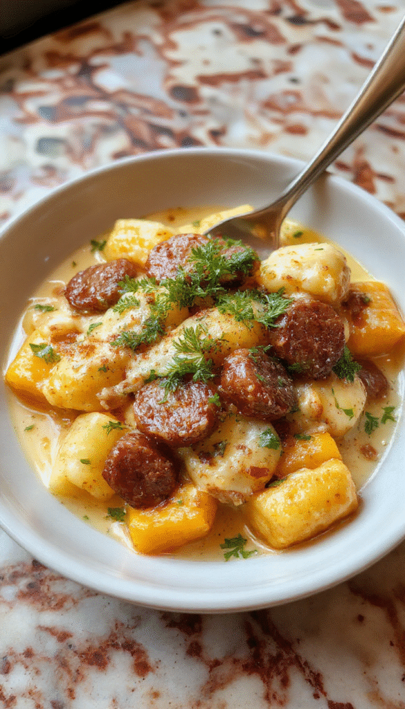 A vibrant plate of golden, fluffy gnocchi coated in creamy butternut squash sauce, garnished with browned sausage slices, fresh herbs, and a sprinkle of parmesan, presented on a rustic white plate with a wooden background