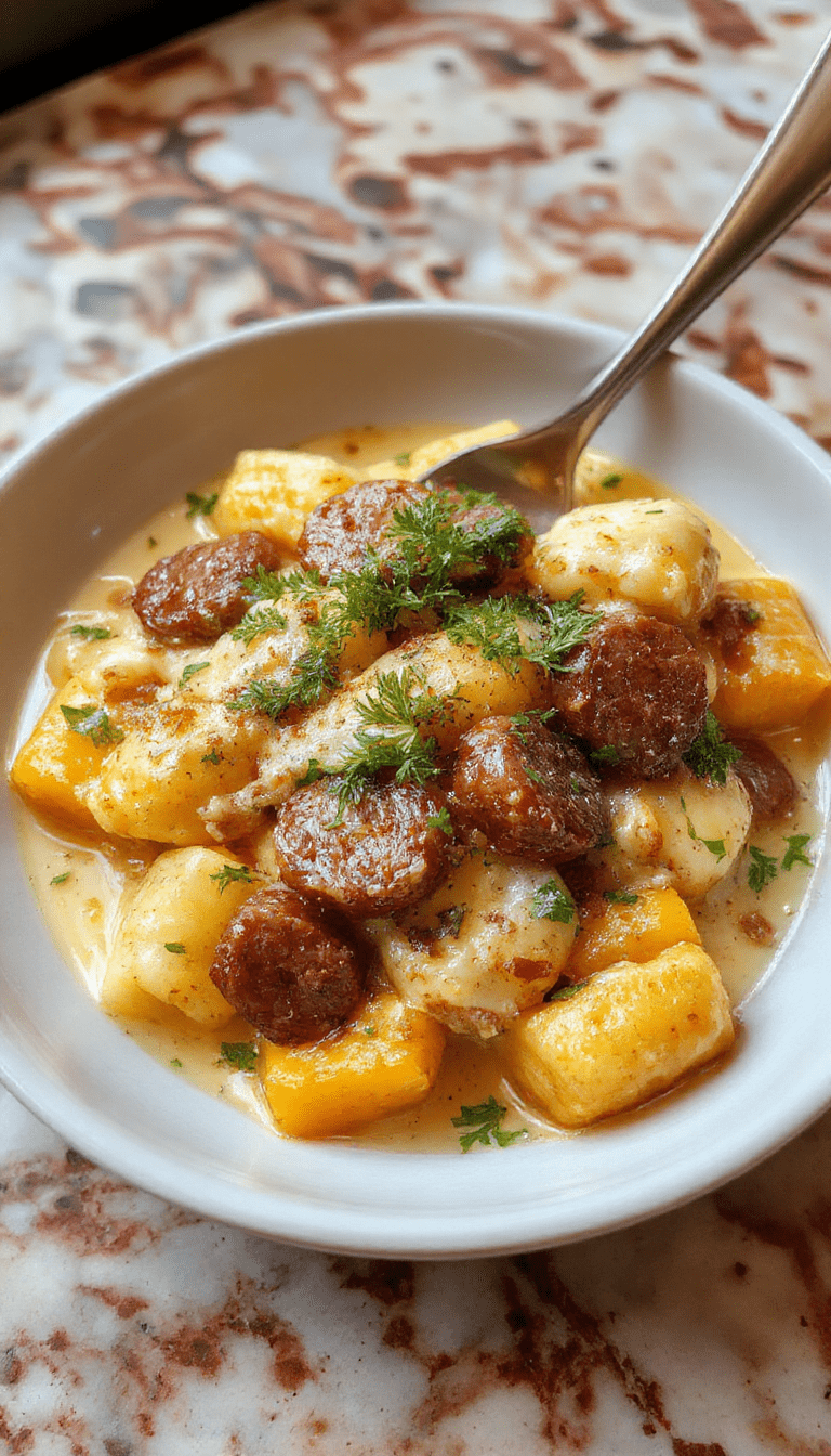 A vibrant plate of golden, fluffy gnocchi coated in creamy butternut squash sauce, garnished with browned sausage slices, fresh herbs, and a sprinkle of parmesan, presented on a rustic white plate with a wooden background