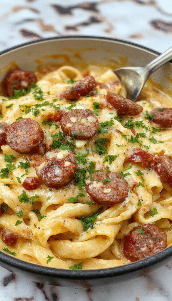 A vibrant plate of creamy Cajun sausage pasta with slices of grilled sausage, garnished with chopped parsley and red pepper flakes, served on a rustic white dish with a fork resting on the side, colorful bell peppers and onion visible in the dish, styled to highlight the creamy sauce and spicy seasonings