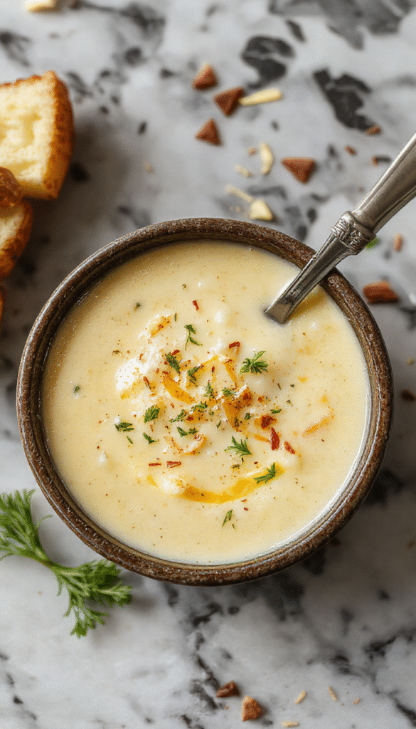 A steaming bowl of creamy potato soup topped with shredded cheddar cheese, fresh herbs, and a swirl of garlic oil, served on a rustic wooden table with crusty bread on the side, highlighting the rich textures and vibrant colors of the herbs and melted cheese.