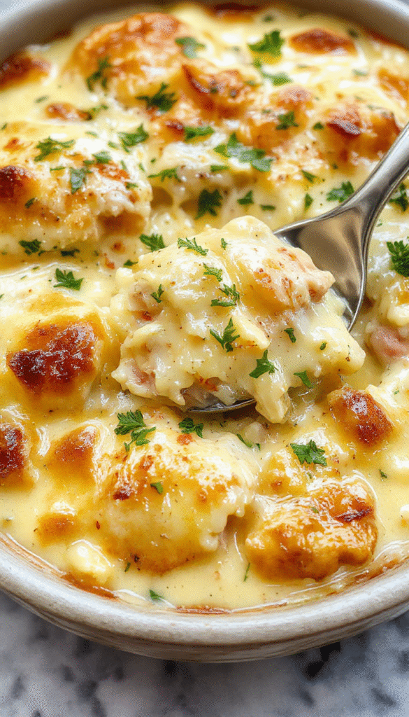 A golden-brown chicken pot pie casserole served in a white rectangular dish, topped with crispy pastry crust, surrounded by fresh herbs and steam rising from the hot meal