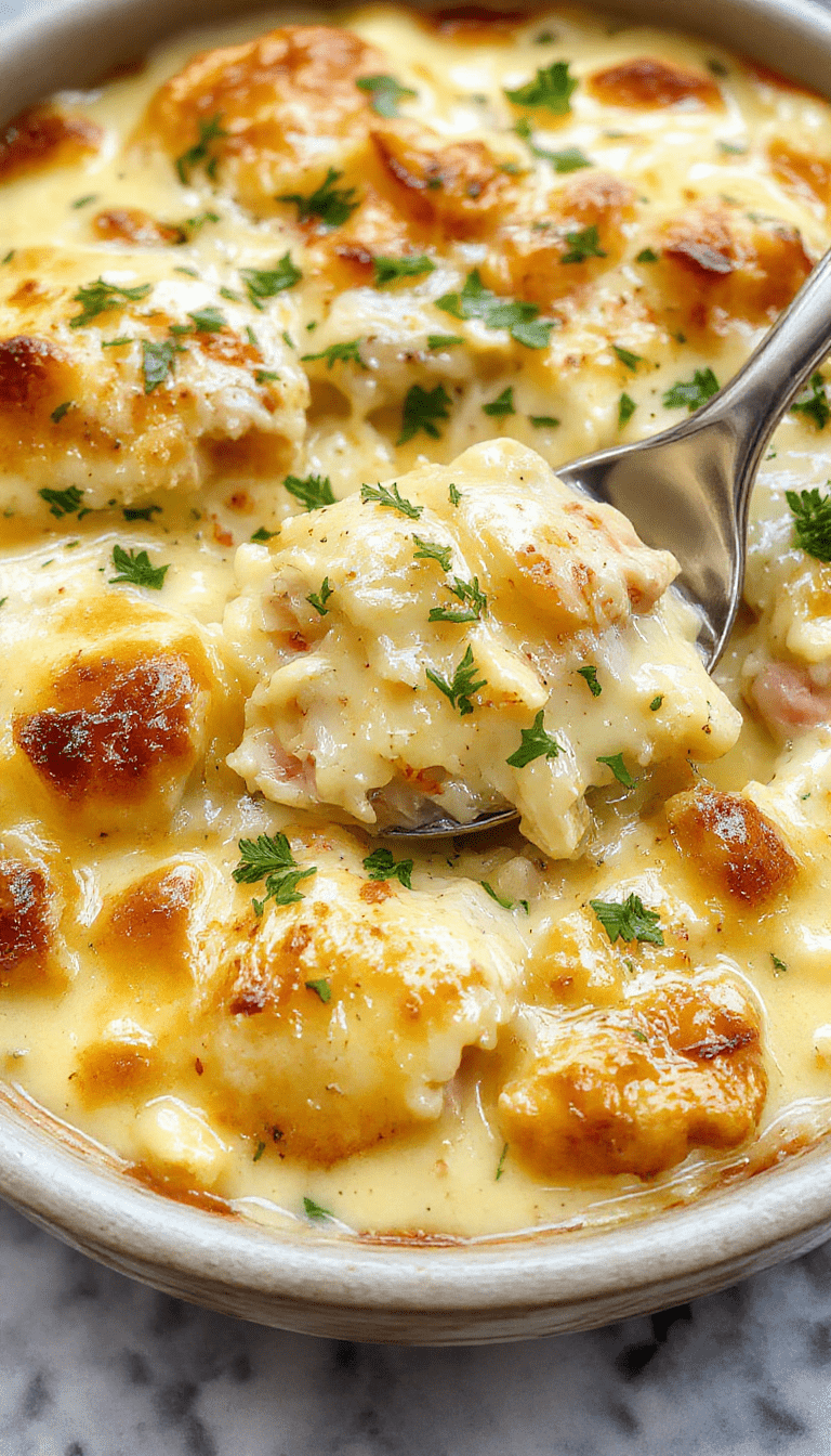 A golden-brown chicken pot pie casserole served in a white rectangular dish, topped with crispy pastry crust, surrounded by fresh herbs and steam rising from the hot meal
